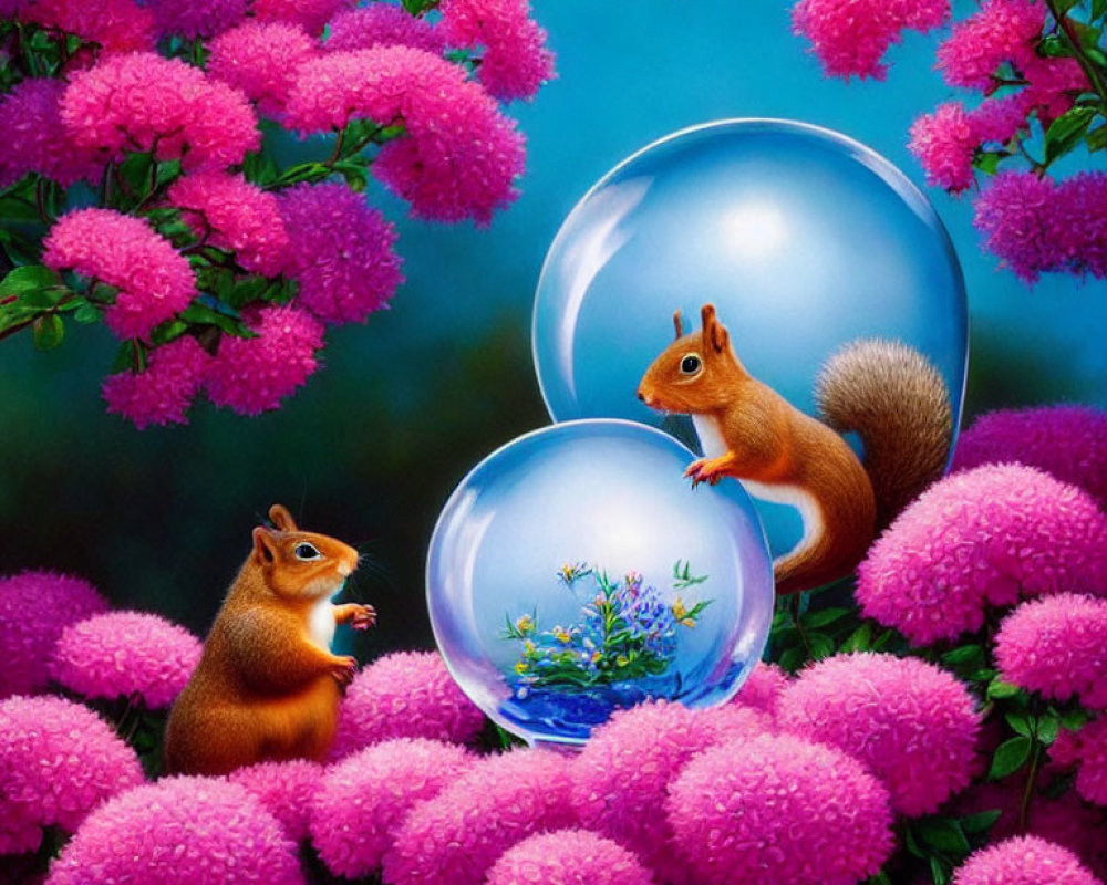 Squirrels in pink flower setting with one in a bubble landscape