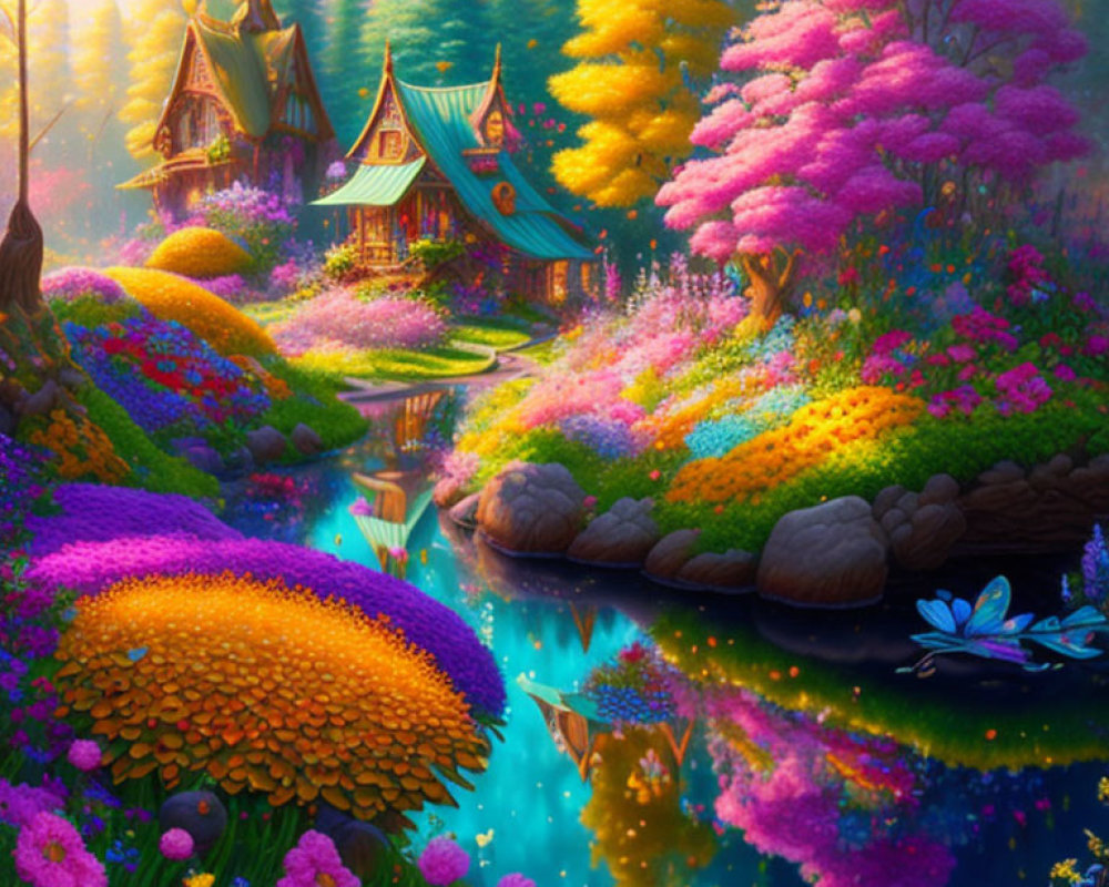 Colorful flowering trees, lush flowerbeds, serene river, whimsical houses in vibrant fantasy landscape