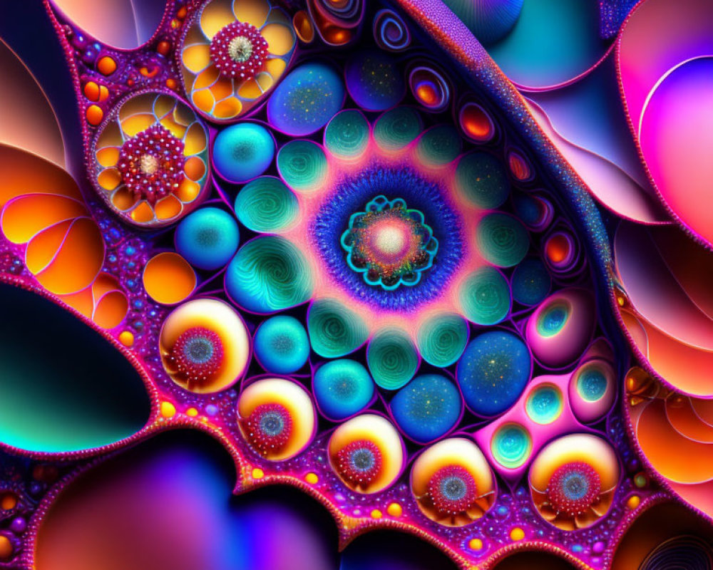 Colorful fractal image with circles and spirals in blue, purple, and orange