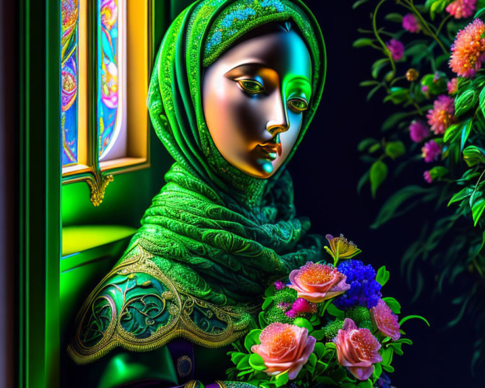 Woman in green hijab holding flowers by window