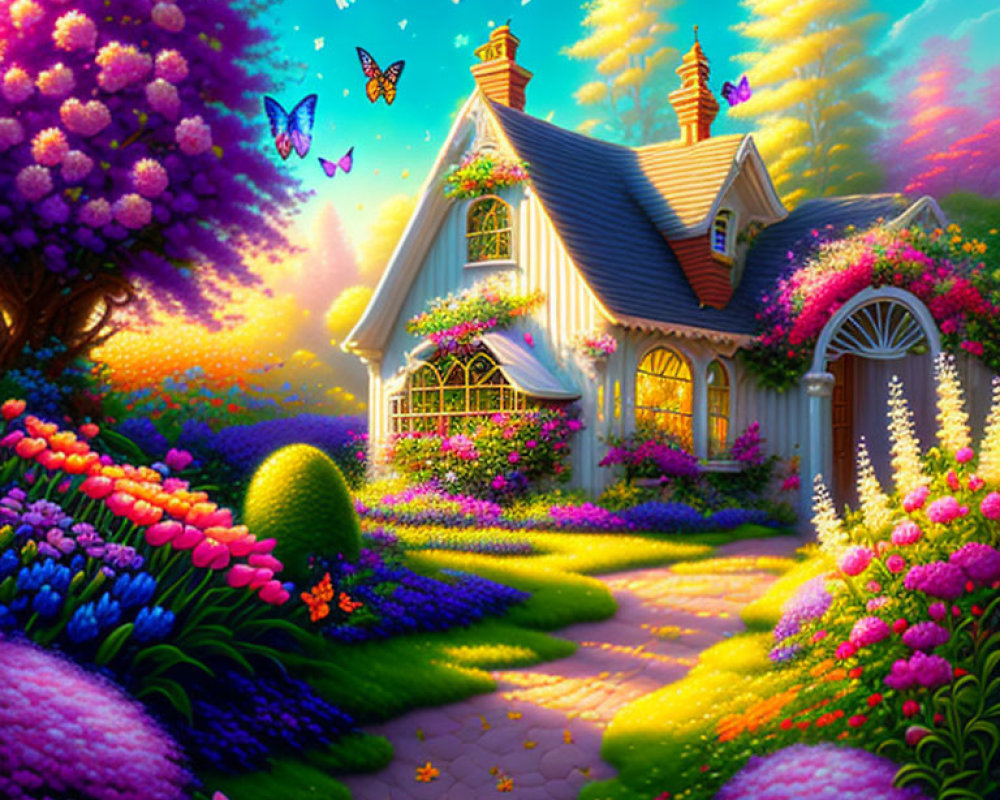 Charming cottage in vibrant garden with blooming flowers