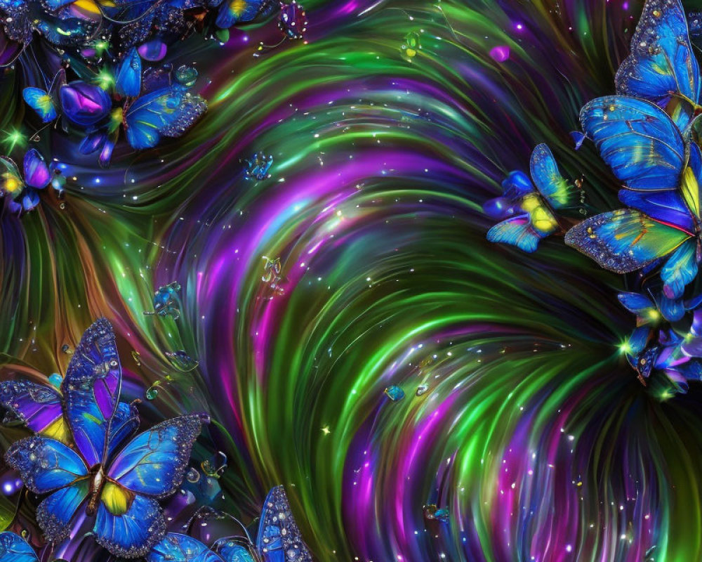 Colorful digital art: Green and purple swirls, blue butterflies