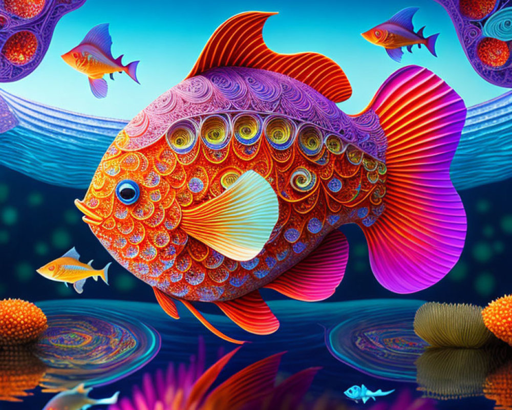 Colorful Goldfish Illustration in Ornate Underwater Scene