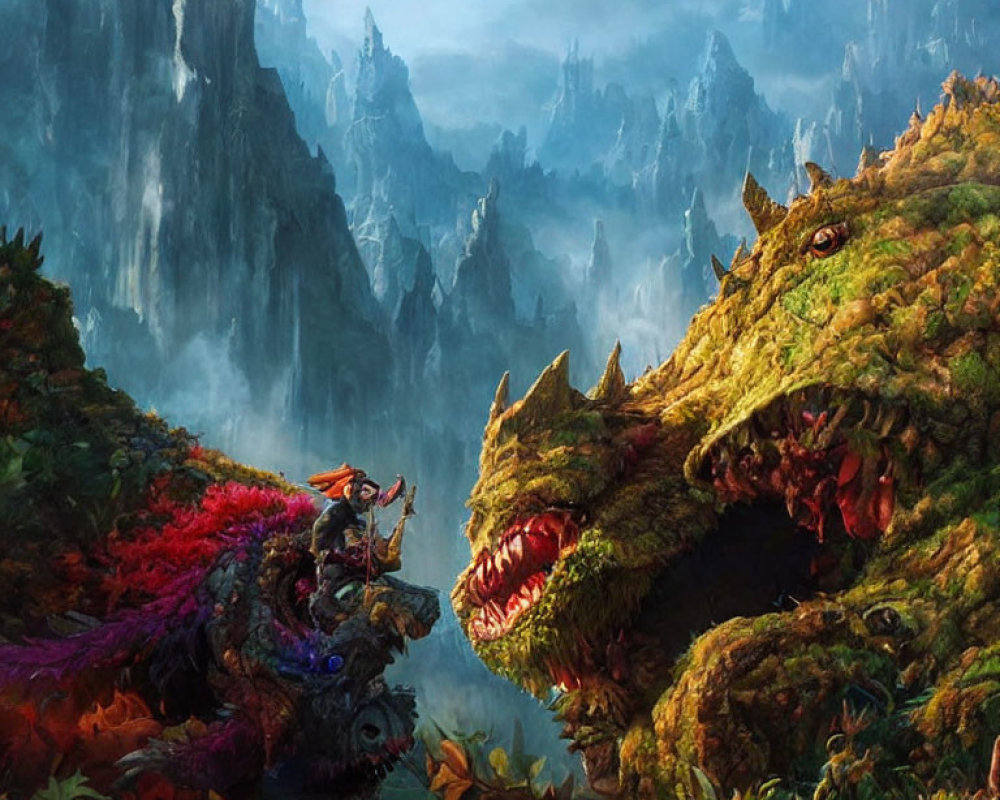 Fantasy landscape with warrior, giant dragon, vibrant flora, misty mountains