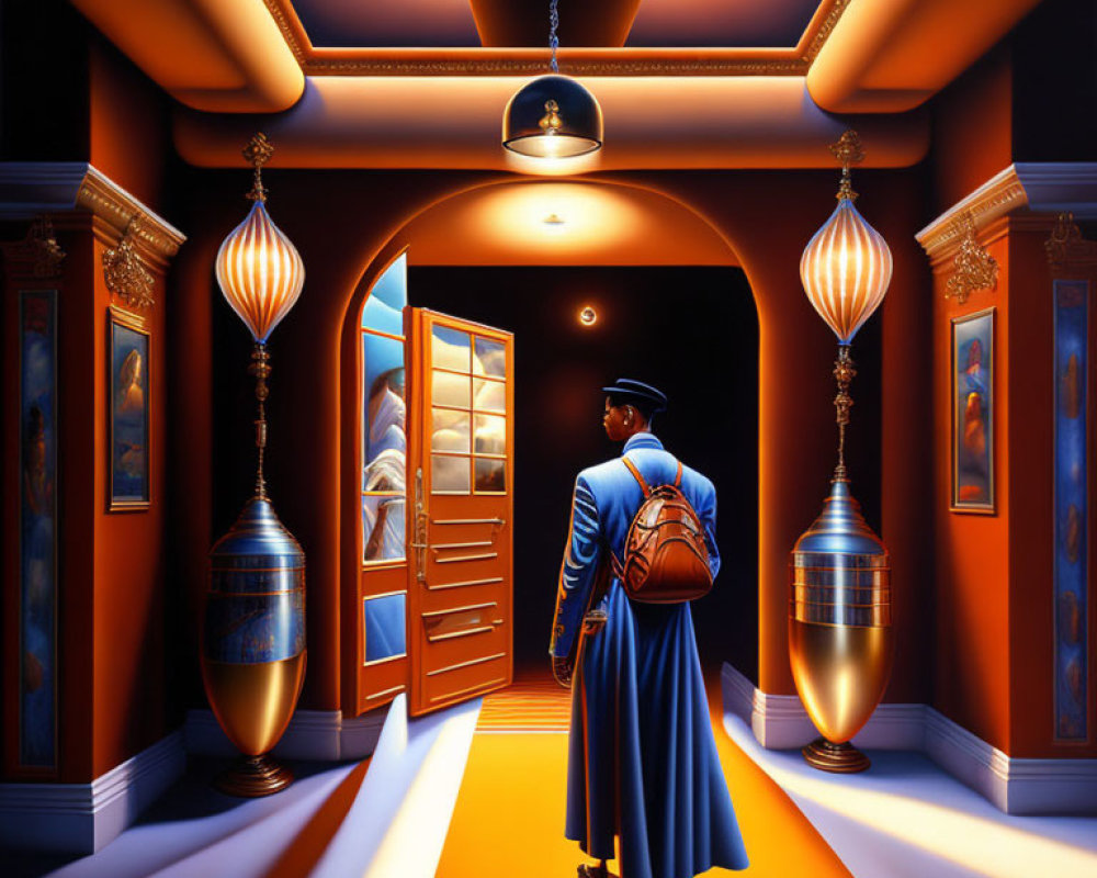 Person in blue coat and hat with basketball walking towards open door in ornate corridor with lanterns