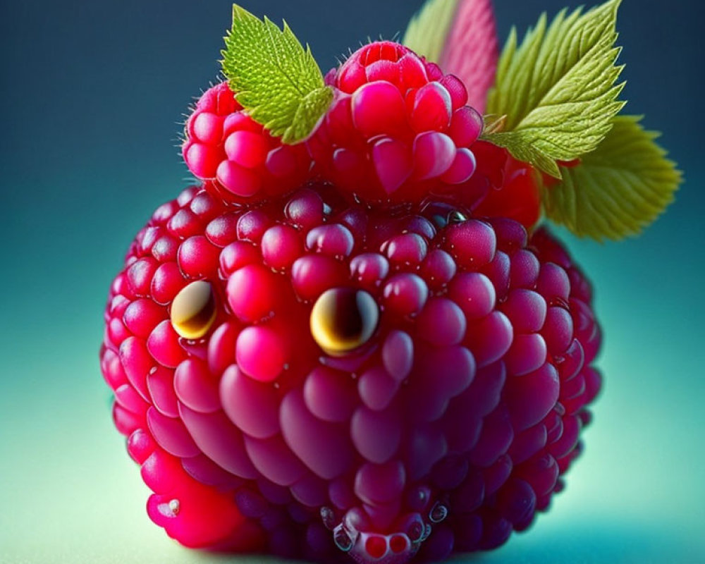 Ripe Raspberry with Dewdrops and Green Leaves Resembling Cute Creature