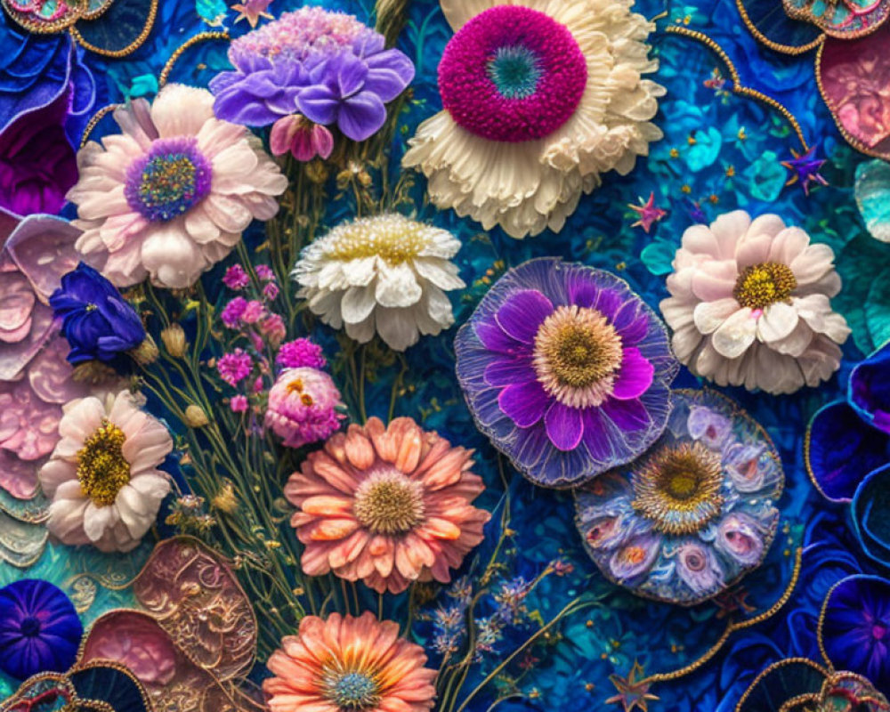 Colorful Flowers on Textured Blue Background with Embroidery