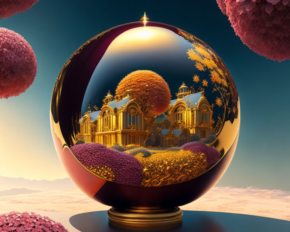 Ornate golden palace and autumn trees reflected in glossy sphere