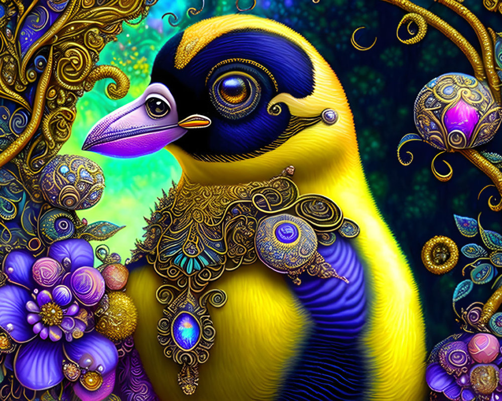 Colorful Peacock Illustration with Golden Ornaments & Whimsical Background