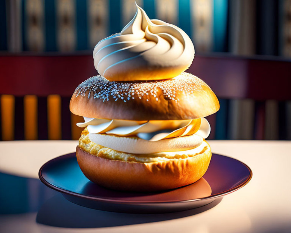 Detailed photorealistic illustration of whimsical giant bagel sandwich with cream cheese and whipped cream on dark