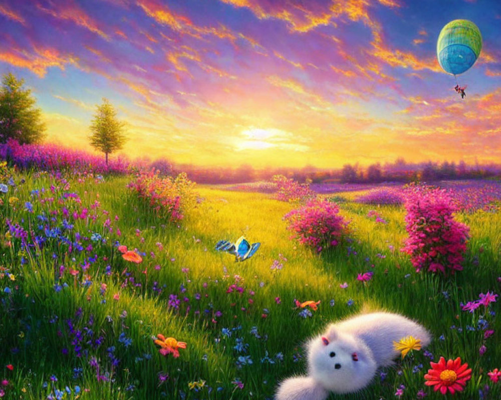 Colorful sunset landscape with hot air balloon, flowers, and fluffy white creature