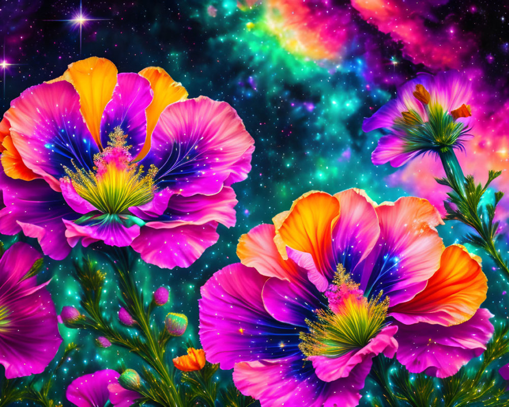 Colorful Flowers in Neon Pink and Purple on Starry Galaxy Background