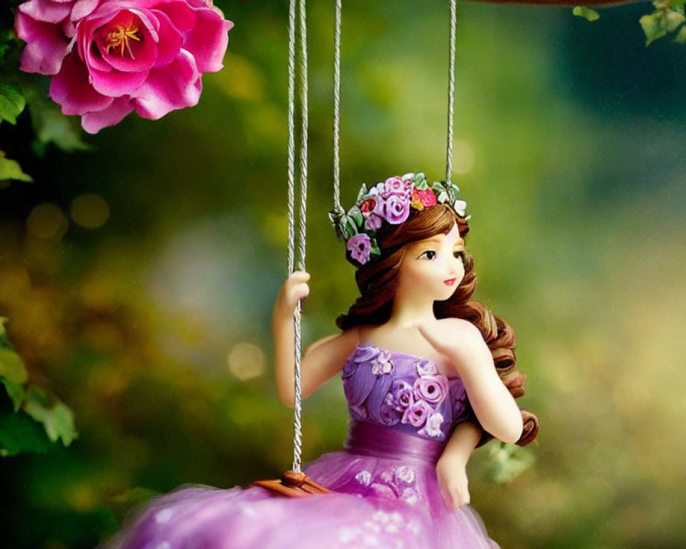 Princess doll on swing with floral tiara in garden setting