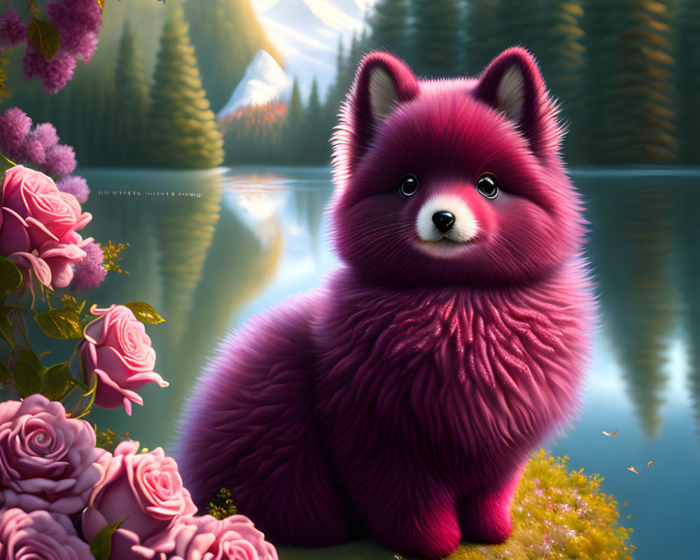 Purple fluffy dog-like creature with serene lake, evergreen trees, and snow-capped mountains.