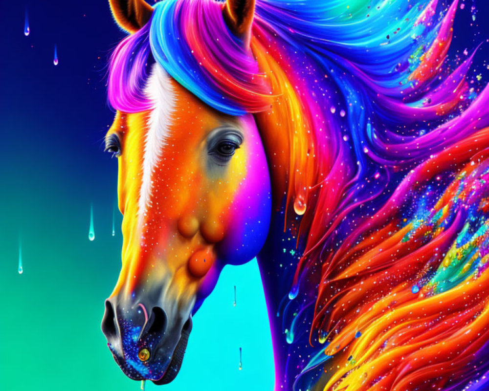 Colorful Horse Art with Neon Rainbow Mane on Teal Background