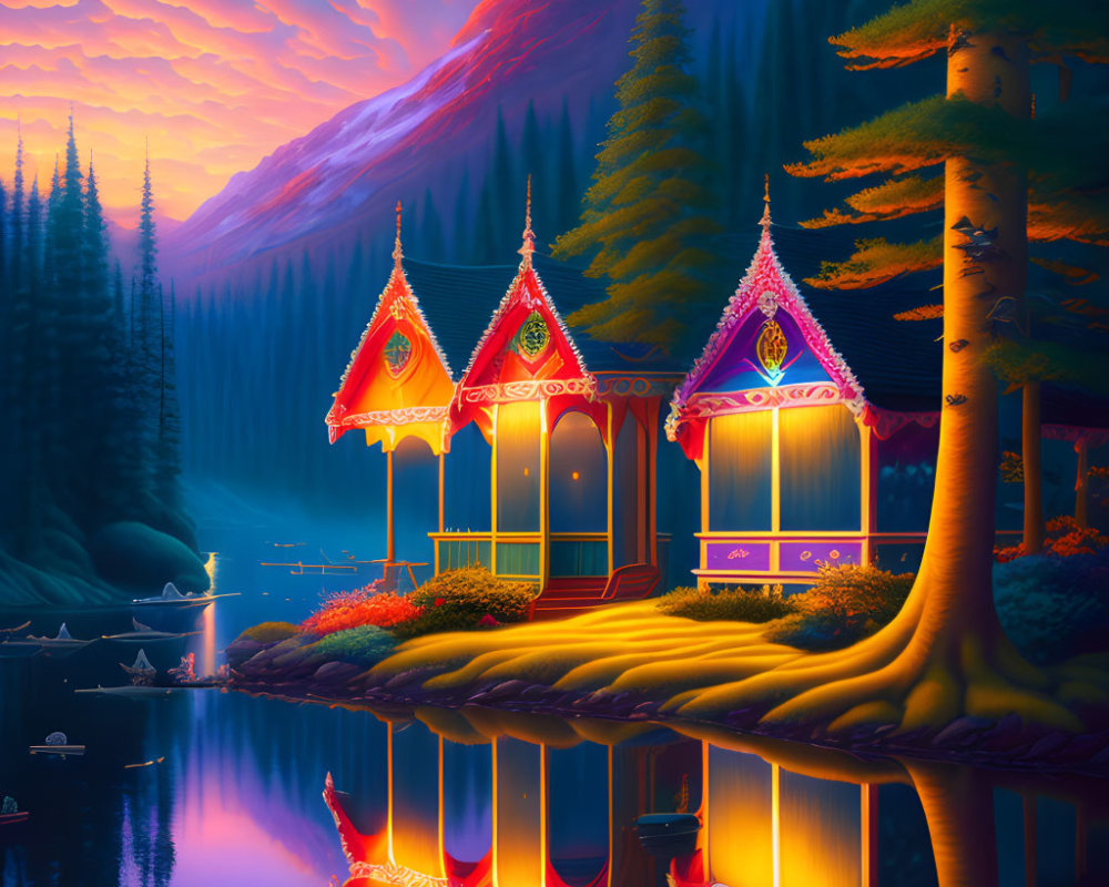 Traditional buildings and serene lake at dusk with reflections in tranquil forest.