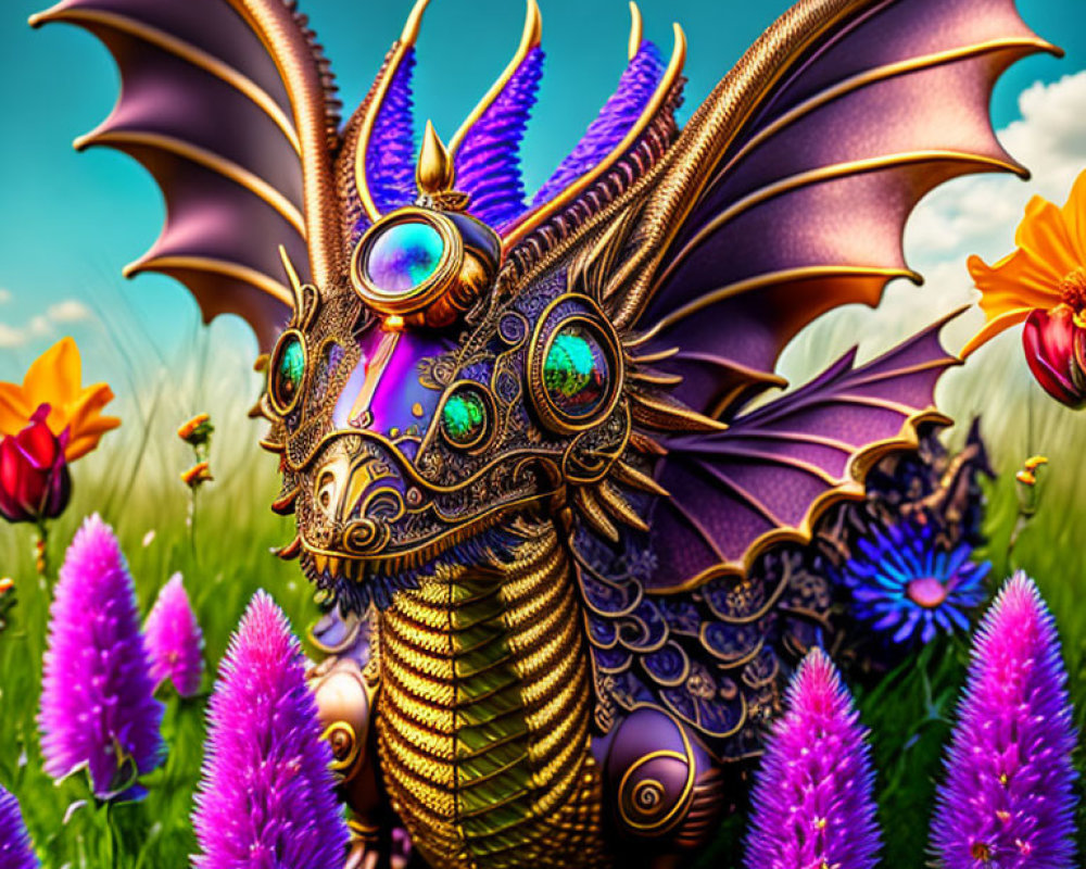 Colorful Metallic Dragon Illustration with Large Wings and Intricate Patterns