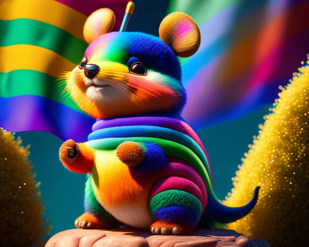 Vibrant animated hamster with rainbow scarf on rock, rainbow flag in background