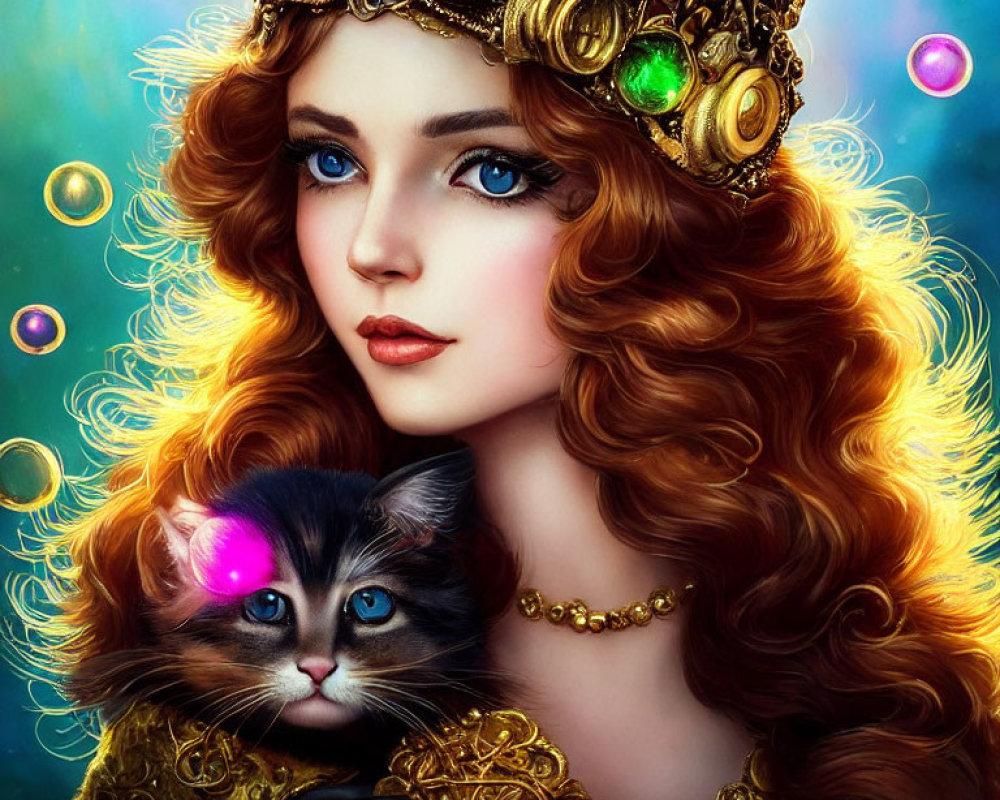 Curly auburn-haired woman with golden crown holds kitten in bubble-filled scene.