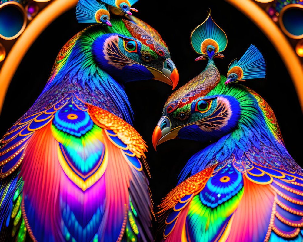 Colorful stylized peacocks with elaborate tails on dark background