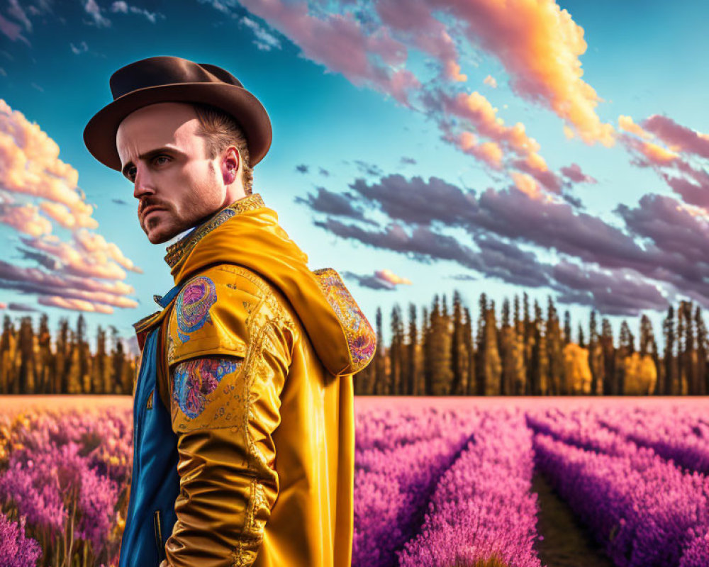 Man in Yellow Jacket and Hat in Purple Lavender Field at Sunset