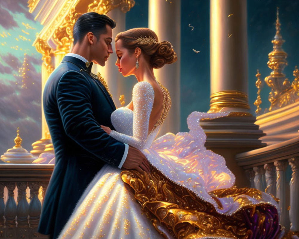 Formal attired couple in intimate moment at golden-lit palace