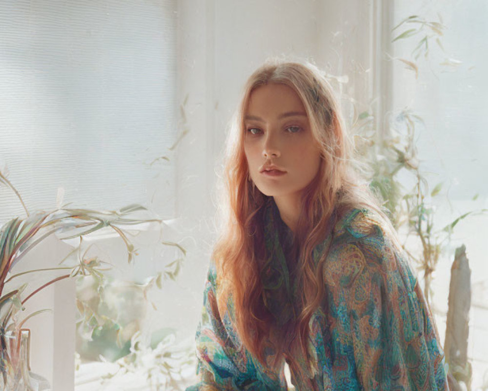 Woman in Patterned Shawl Sitting by Sunny Window with Plants