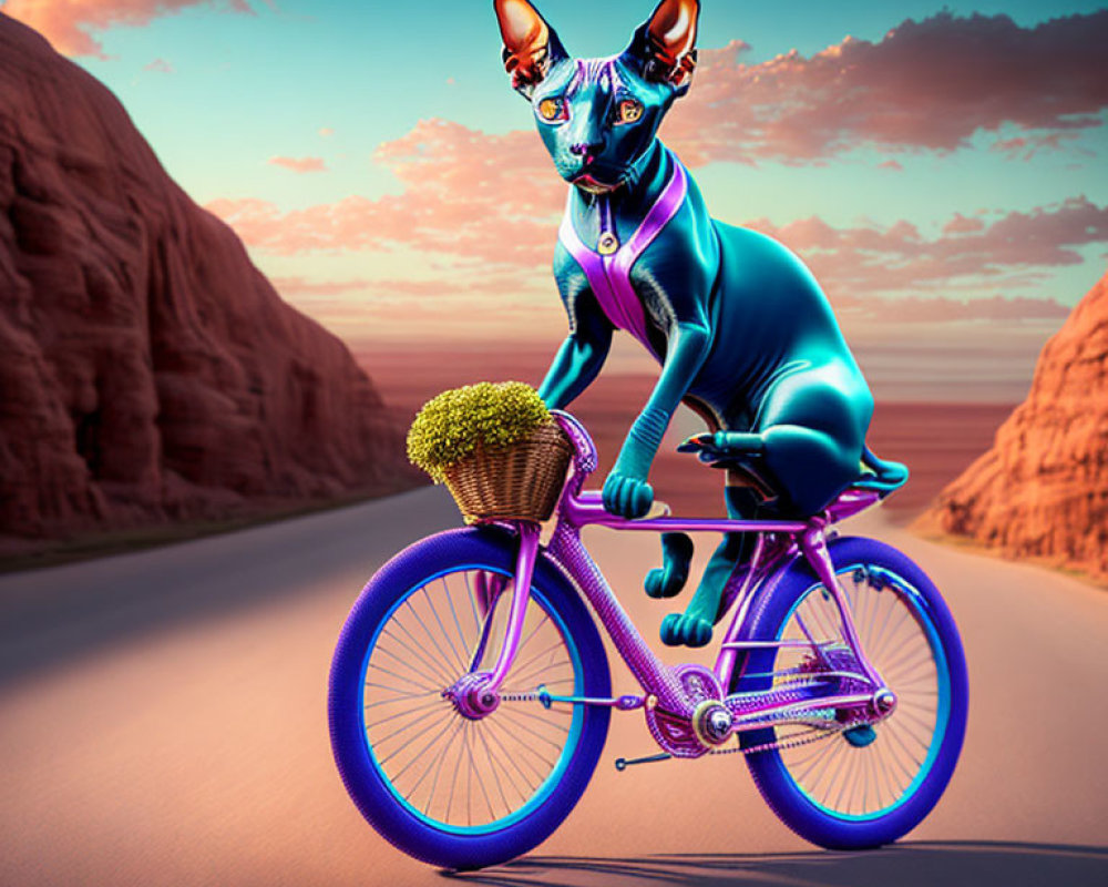 Stylized sphynx cat on bicycle with plants in desert at sunset