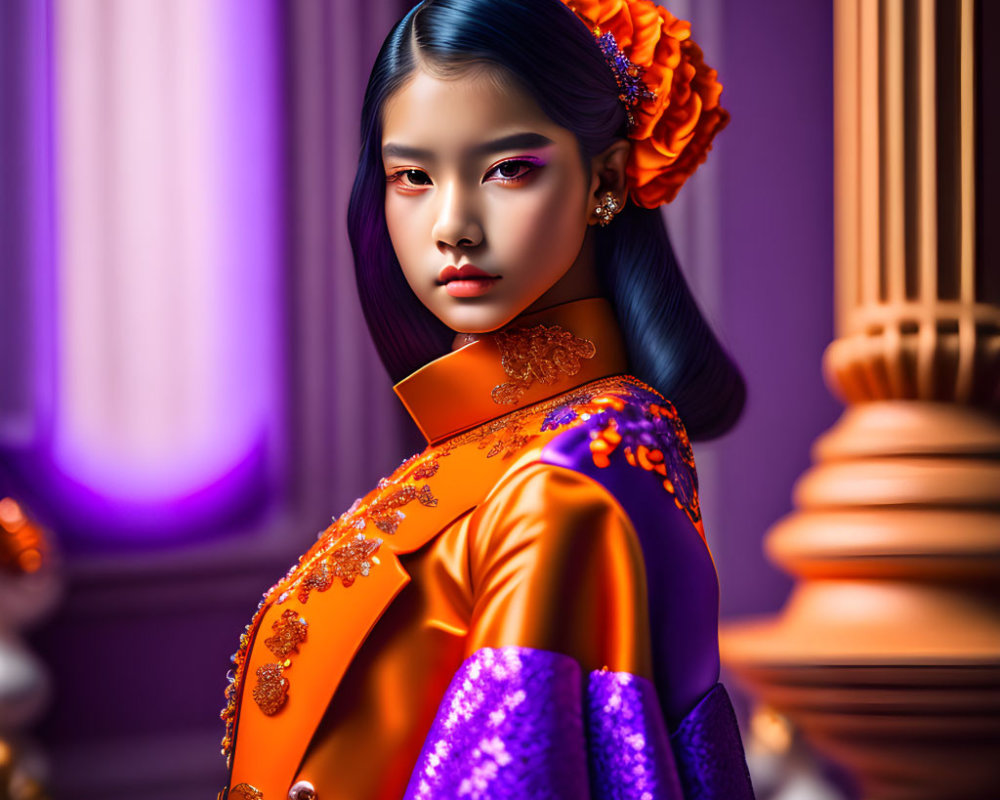 Traditional Outfit Woman with Floral Hair Accessory in Purple Background