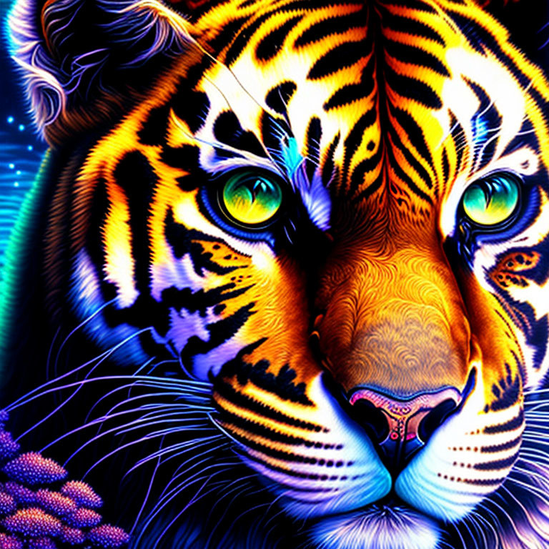 Colorful Tiger Face Artwork with Green Eyes and Neon Stripes