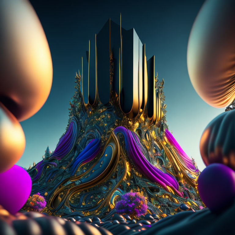 Colorful 3D fractal landscape with metallic structures and swirling blue and purple shapes