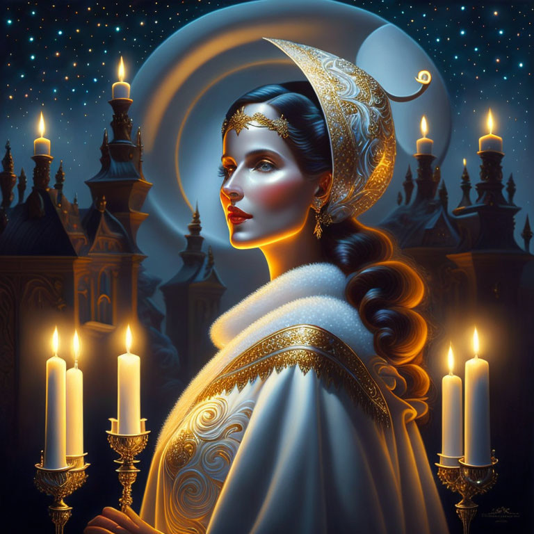 Fantasy-themed artwork of elegant woman with crescent moon headpiece, surrounded by candles and starry