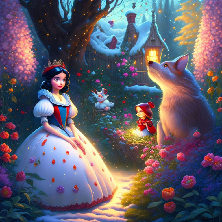 Princess, wolf, rabbit, and red hood in magical forest scene