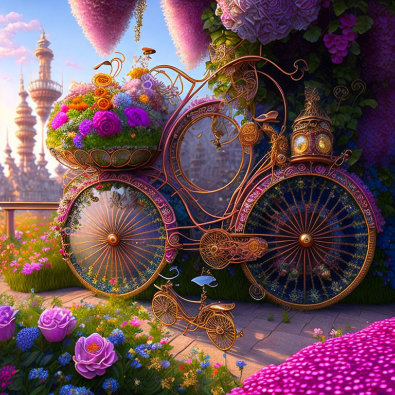 Fantasy-style bicycle with flower baskets in magical garden