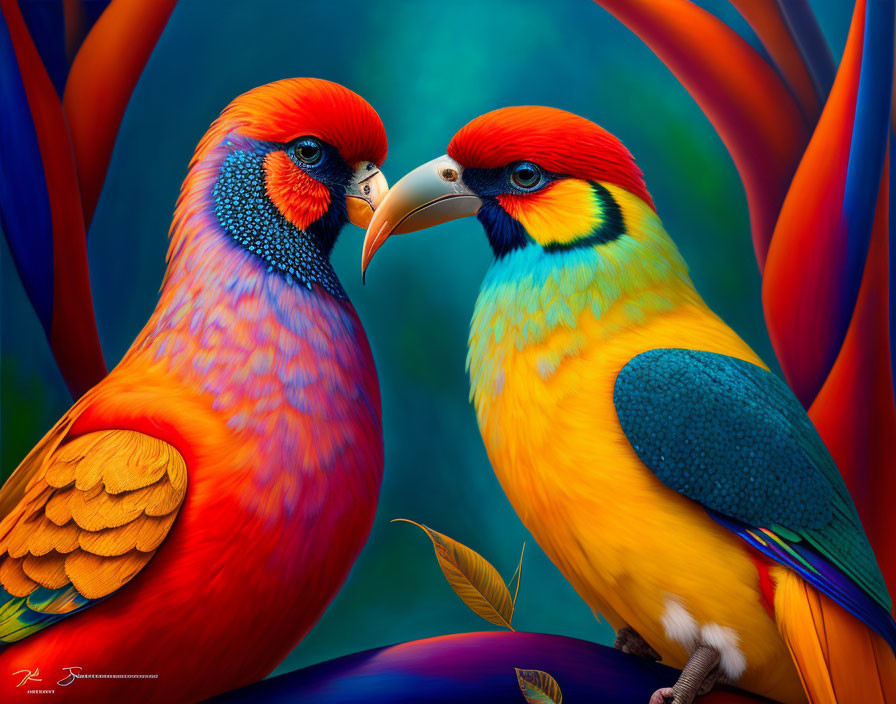 Colorful Orange, Blue, and Yellow Parrots Facing Each Other