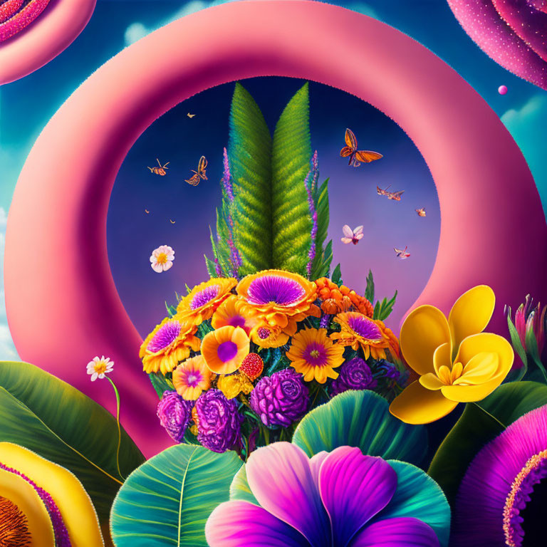 Colorful flowers, butterflies, pink ring, and cosmic backdrop in vibrant digital artwork