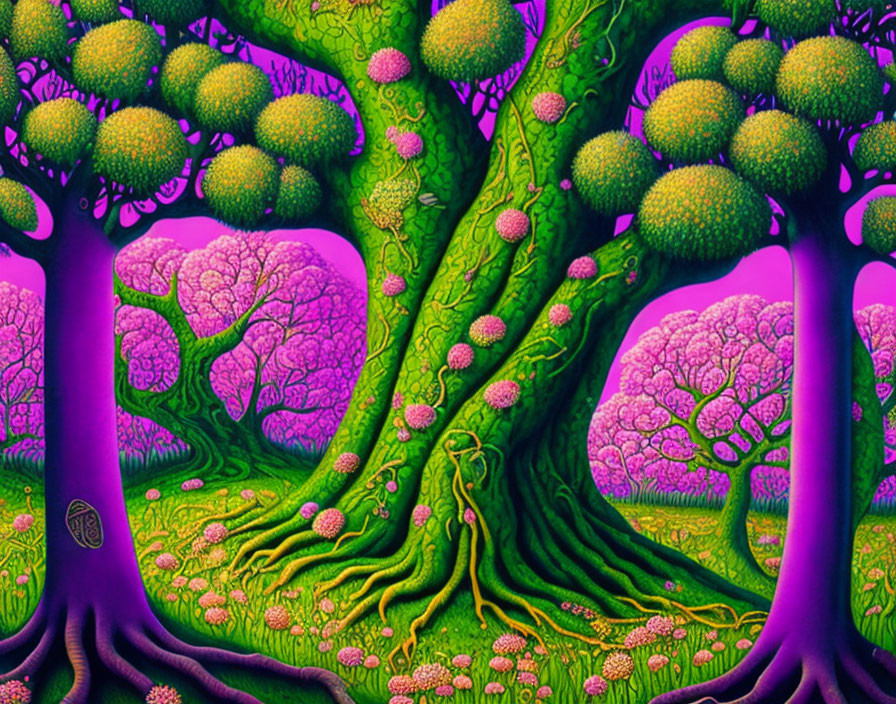 Colorful Psychedelic Tree Artwork on Pink and Purple Background