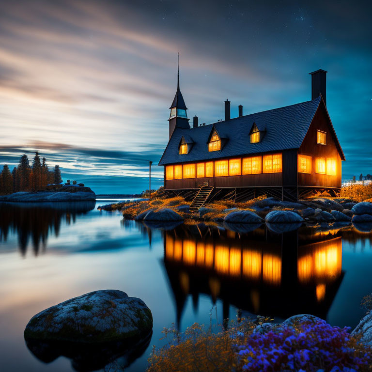 Stilt house by water at twilight with glowing windows, surrounded by rocks and purple flowers under starry