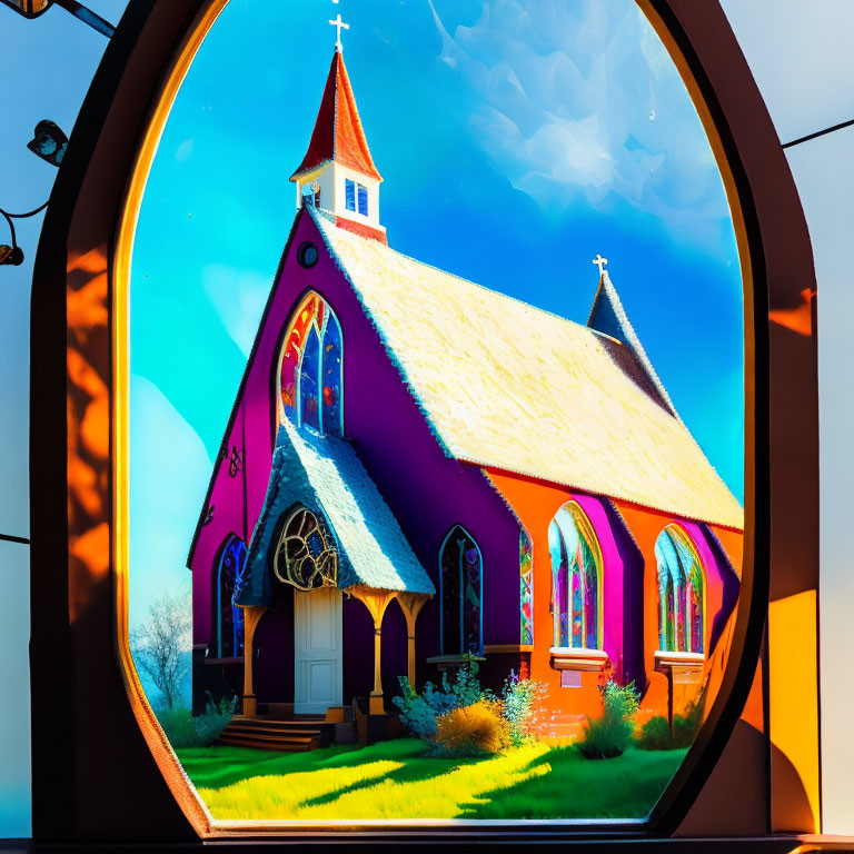 Vivid Stained Glass Windows in Colorful Church Scene