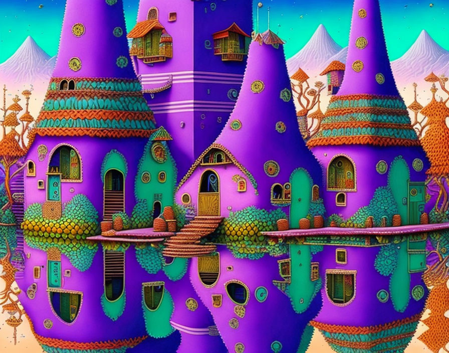 Vibrant purple towers with windows and doors in fantasy landscape