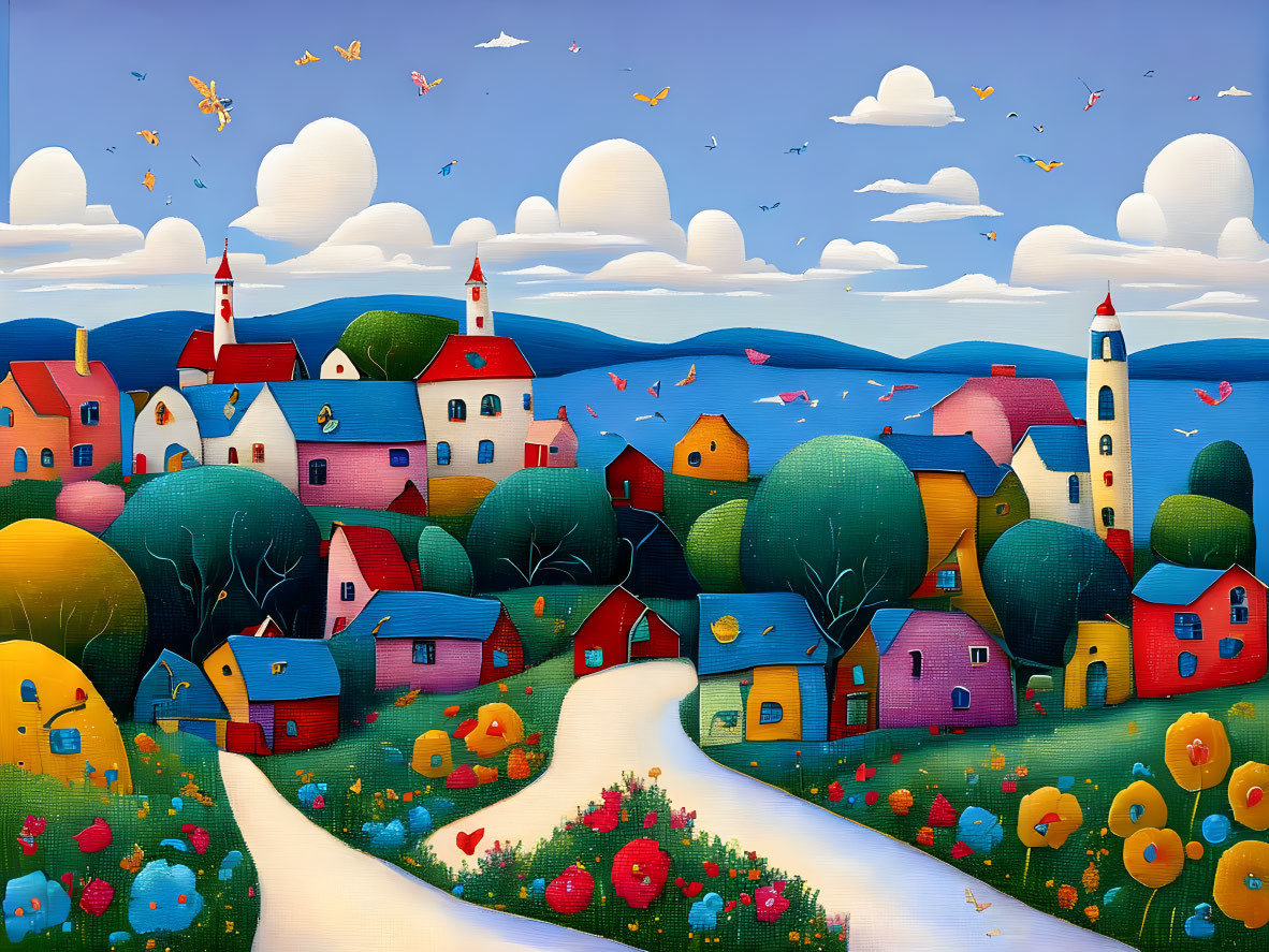 Vibrant painting of quaint village with colorful houses and scenic landscape