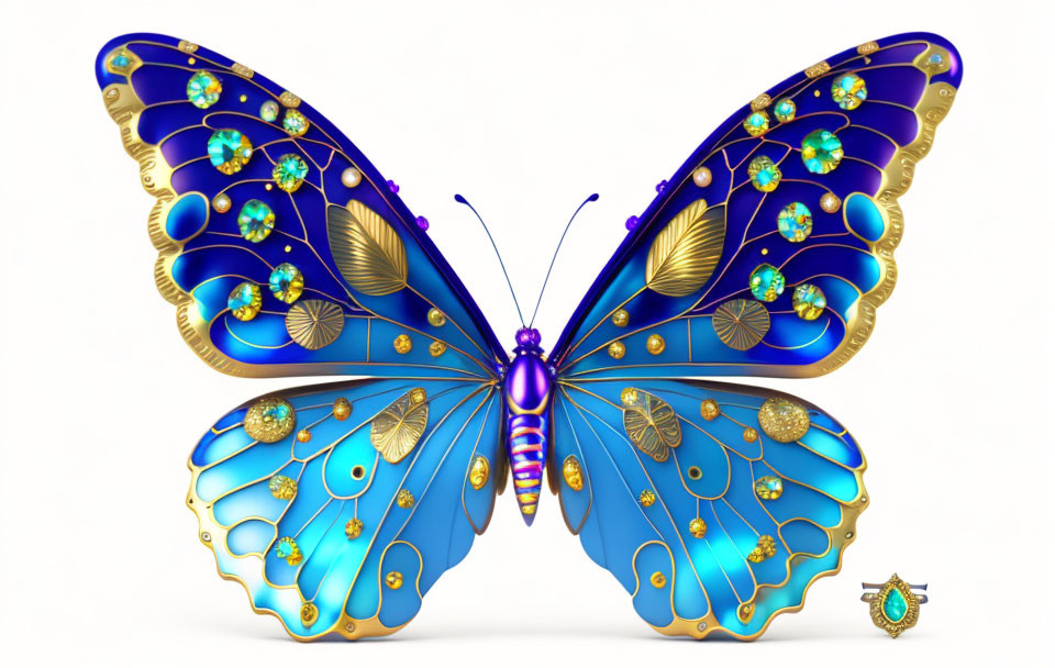 Colorful Butterfly Artwork with Blue and Gold Wings and Jewels