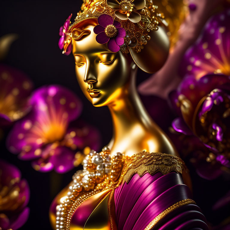 Golden Figure Wearing Floral Crown and Magenta Garment on Dark Background