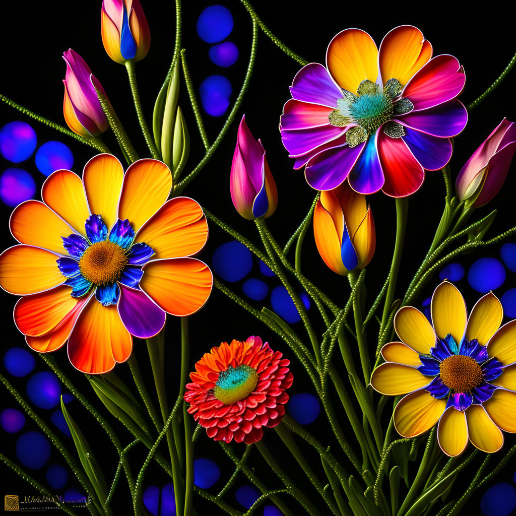 Colorful flowers in orange, yellow, pink hues on dark background with blue orbs