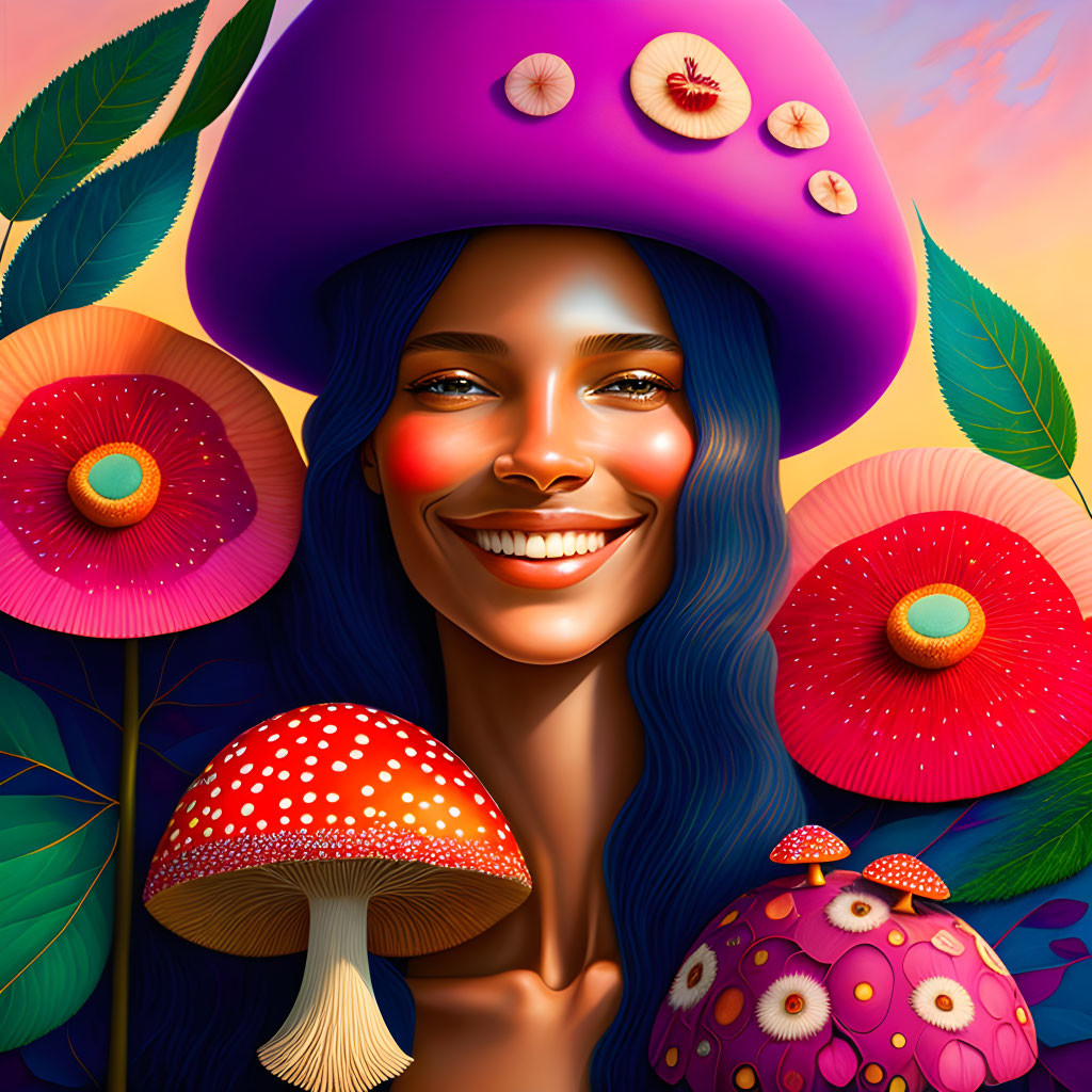 Colorful digital portrait of woman with blue hair and mushroom cap, surrounded by vibrant mushrooms and foliage under