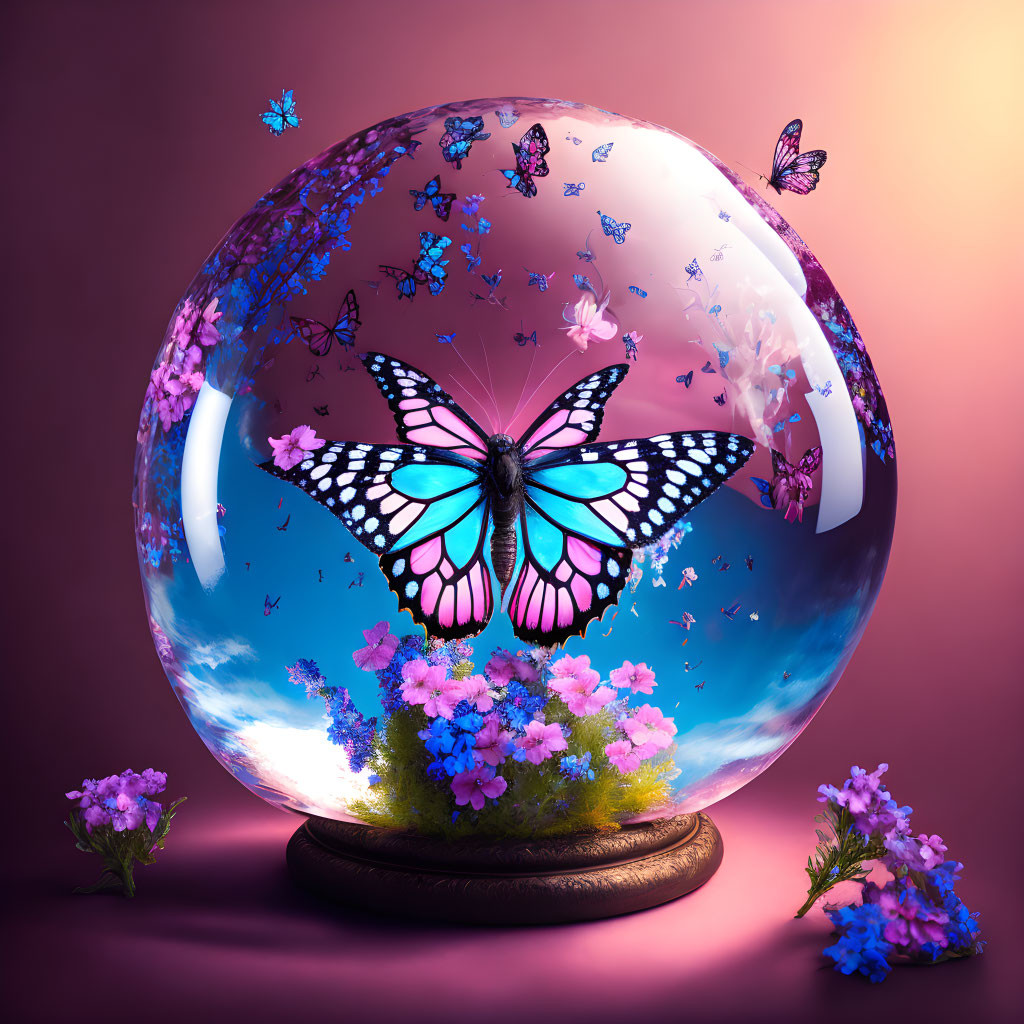 Colorful Glass Globe with Purple Flowers and Butterflies on Pink Background