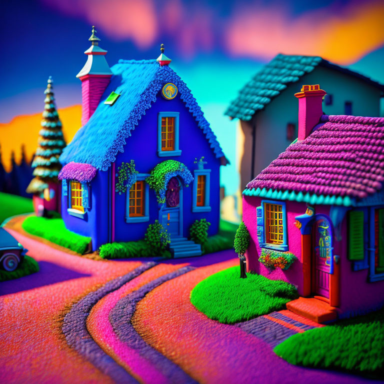 Colorful Miniature Scene of Whimsical Houses and Hedges at Sunset