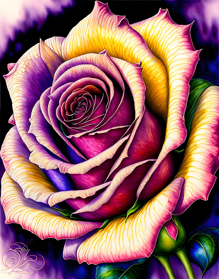 Vibrant digitally illustrated rose with pink, yellow, and purple hues