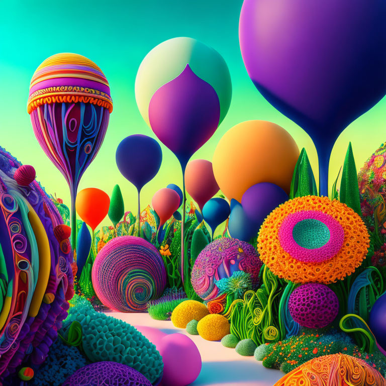 Fantasy landscape with whimsical flora and balloon-like structures