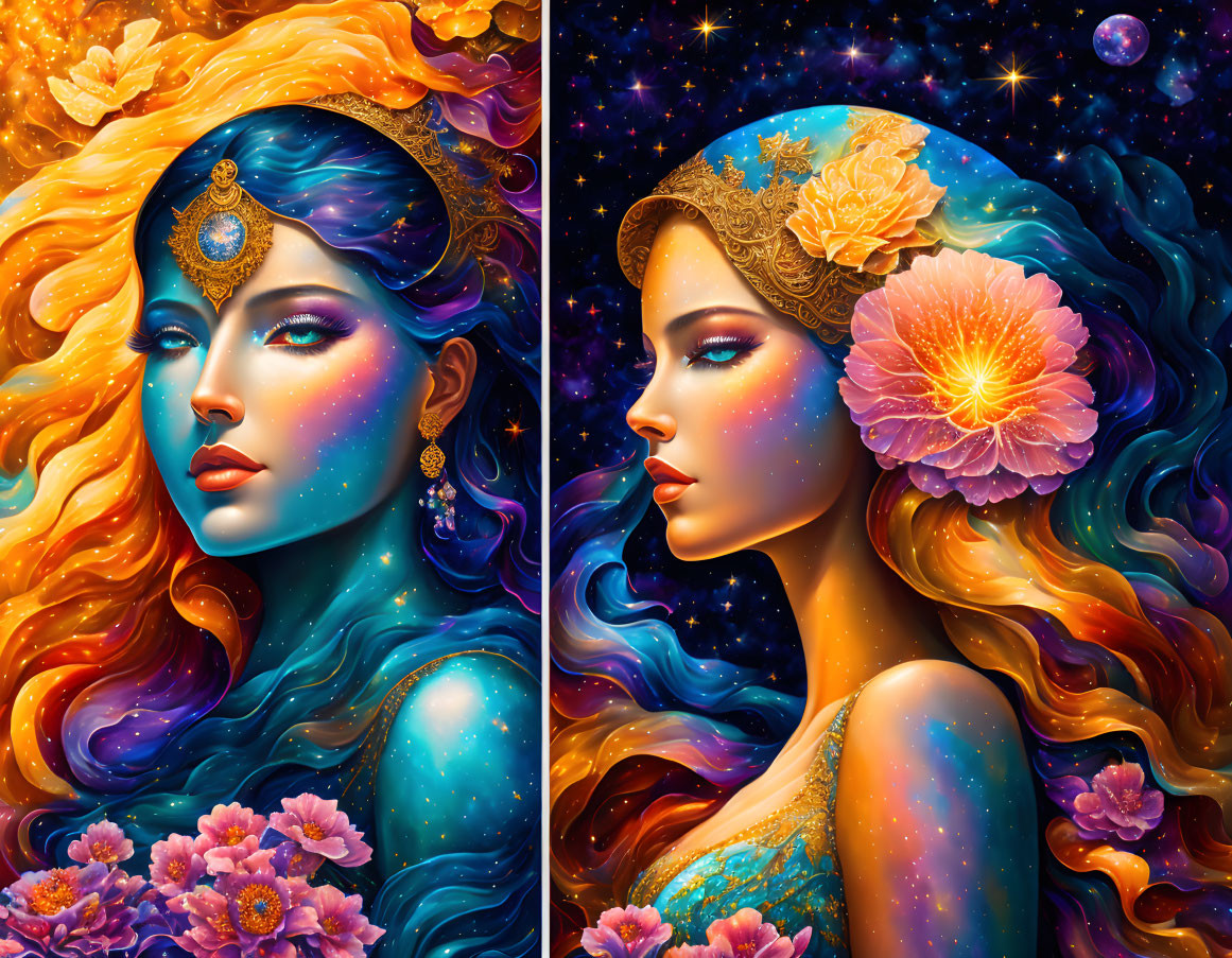 Illustration of two women with cosmic-themed hair and celestial jewelry against starry backdrop